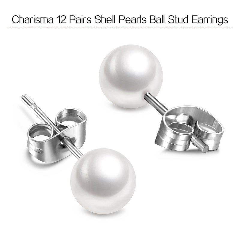 Charisma 8mm Composite Pearl Earrings Round Ball Pearls Stud Earrings Hypoallergenic 12 Pairs Imitation Pearl Earrings Set for Women - Image 2